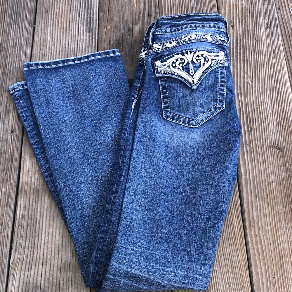 Miss Me Blue Boot Cut Jeans with White Embellishments